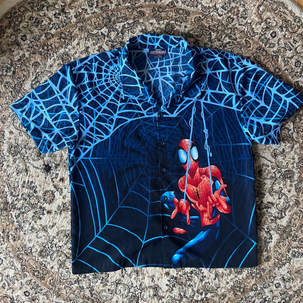 Y2K Marvel Spiderman Button Down Shirt Mens Size Large Fanwear Collectible Comic